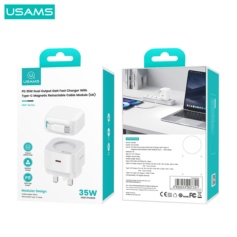 USAMS US-CC204 XMF Series PD 35W Dual Output GaN Fast Charger with Type-C Magnetic Retractable Cable Module, UK Plug USAMS US-CC204 XMF Series PD 35W Dual Output GaN Fast Charger with Type-C Magnetic Retractable Cable Module, UK Plug